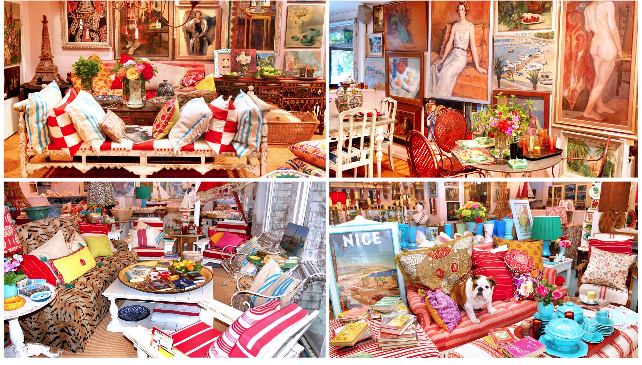 Collage of four images of the Indigo Seas shop interior including sitting areas and tea sets